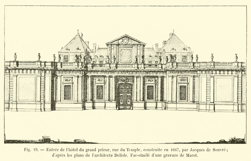 Entrada para o Grand Prior&39;s Hotel, rua du Temple, construída em 1667 por Jacques de Souvre; dos planos do arquiteto Delisle, Fac-símile de uma gravura de Marot de French School