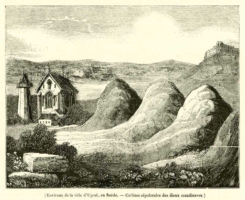 Arredores da cidade de Upsal, Suécia, Colinas sepulcrais dos deuses escandinavos (gravura) de French School