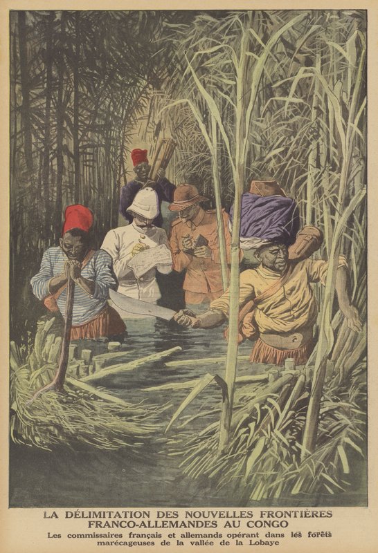 Estabelecimento da fronteira entre os territórios francês e alemão no Congo (cor litho) de French School