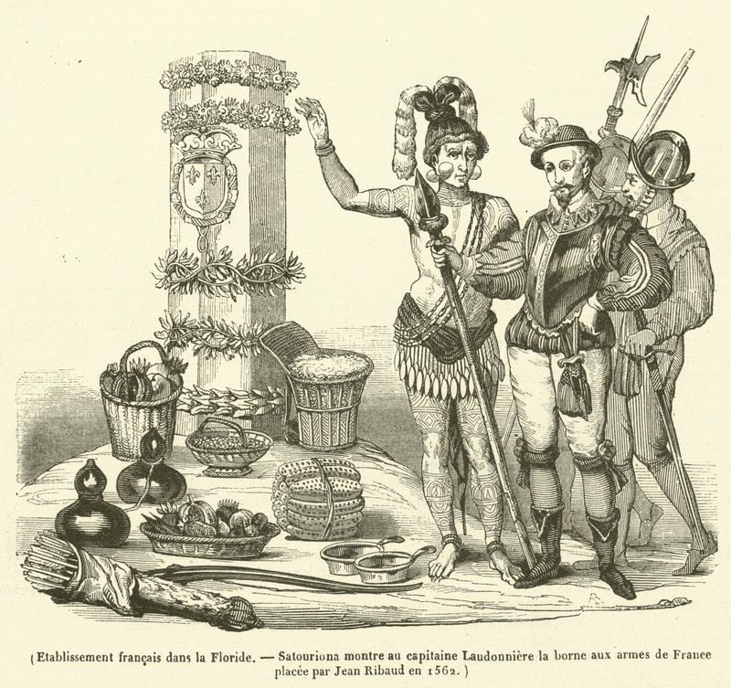 Assentamento francês na Flórida, Satouriona mostra ao Capitão Laudonniere o marco com as armas francesas colocadas por Jean Ribaud em 1562 (gravura) de French School