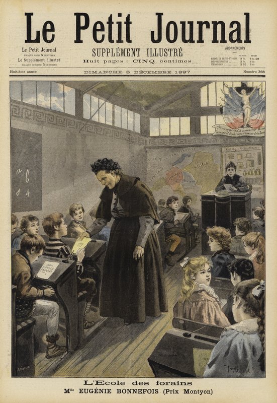 Eugenie Bonnefois, professora de escola francesa, em sua escola para os filhos de trabalhadores de feirantes de French School