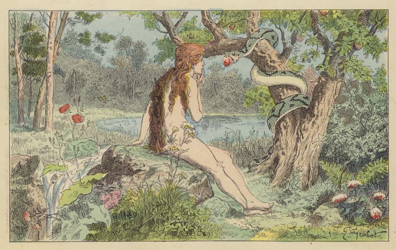 Eva tentada pela Serpente (cor litho) de French School