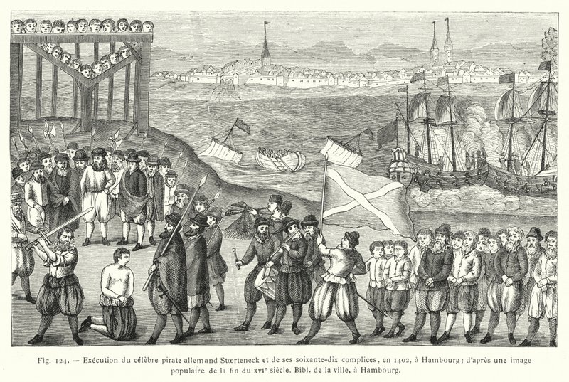 Execução do famoso pirata alemão Stoerteneck e seus setenta cúmplices, em 1402, em Hamburgo; de uma imagem popular do final do século XVI, Biblioteca Municipal, Hamburgo (gravura) de French School