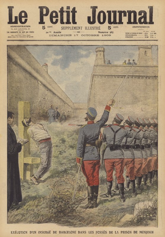 Execução de um participante nas revoltas de Barcelona em julho de 1909 na prisão de Monjuich (cor litho) de French School