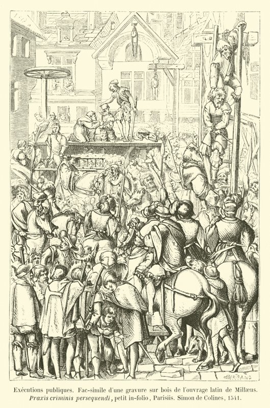Execuções públicas, fac-símile duna gravura sur bois de louvrage latina de Millaeus, Praxis criminis persequendi, Parisiis, Simon de Colines, 1541 de French School