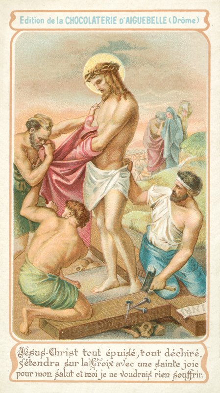 Exausto, Jesus se prepara para ser pregado na cruz (chromolitho) de French School