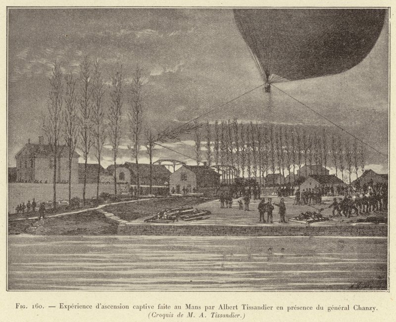 Experiência de ascensão cativa feita em Le Mans por Albert Tissandier, na presença do General Chanzy de French School