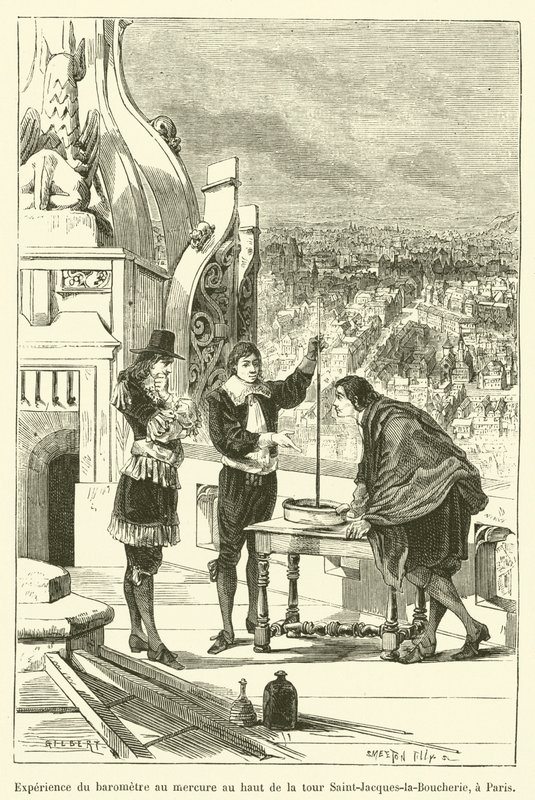 Experiência do barômetro de mercúrio no topo da torre Saint-Jacques-la-Boucherie, em Paris (gravura) de French School