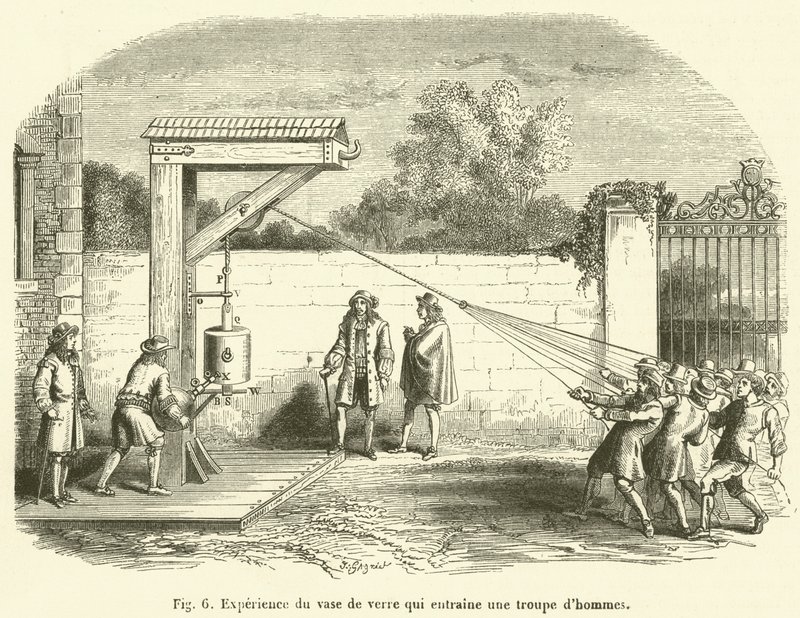 Experiência do vaso de vidro que conduz uma tropa de homens (gravura) de French School