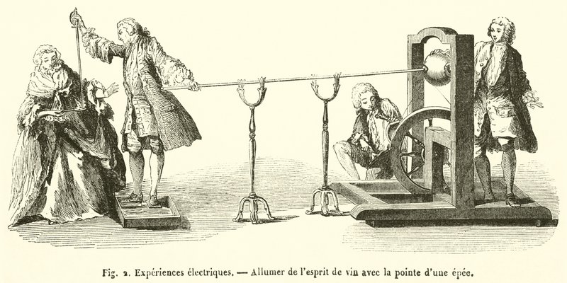 Experiências Eléctricas, Iluminação de aguardente de vinho com a ponta de uma espada (gravura) de French School