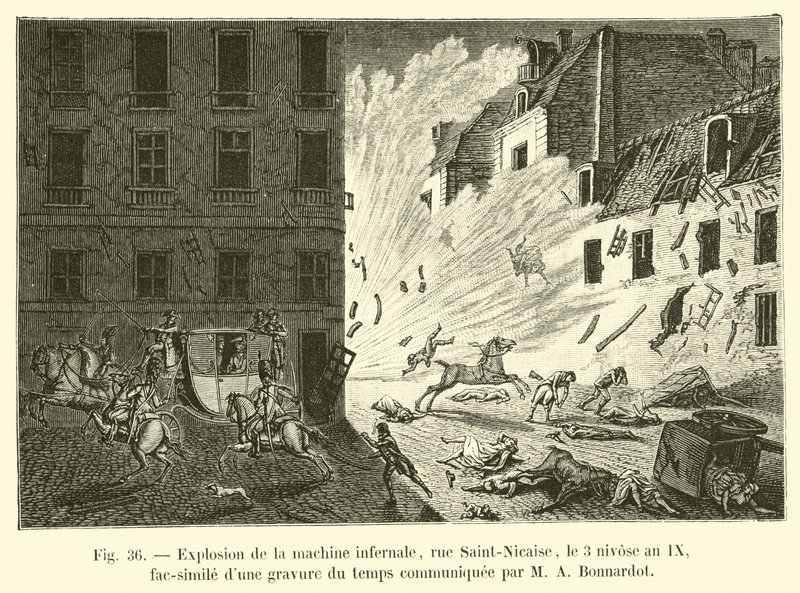 Explosão da máquina infernal, rue Saint-Nicaise, 3 ano Nivose IX, fac-símile de uma gravura da época comunicada por MA Bonnardot de French School