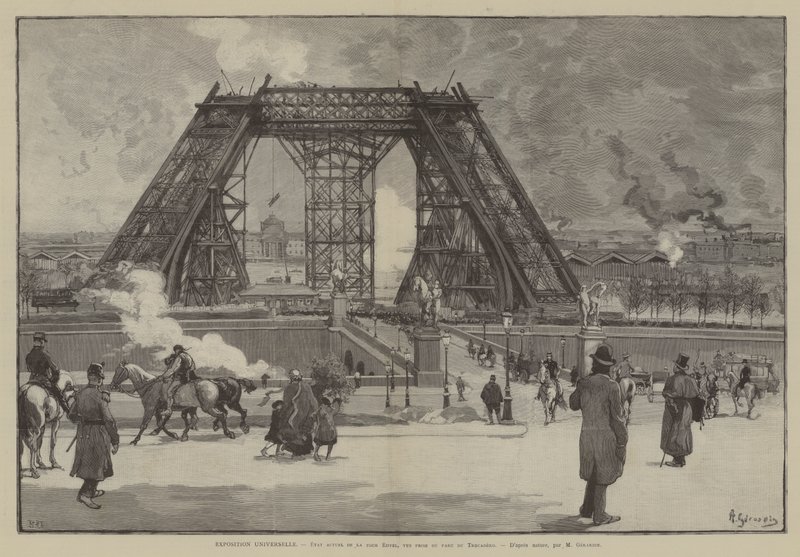 Exposição Universal, estado atual da Torre Eiffel, vista do parque do Trocadero (gravura) de French School