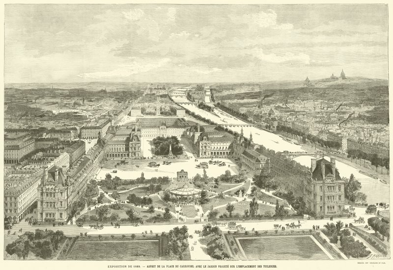 Exposição de 1889, Aspecto do Lugar do Carrossel com o Jardim Projetado no Local das Tuilerias (gravura) de French School