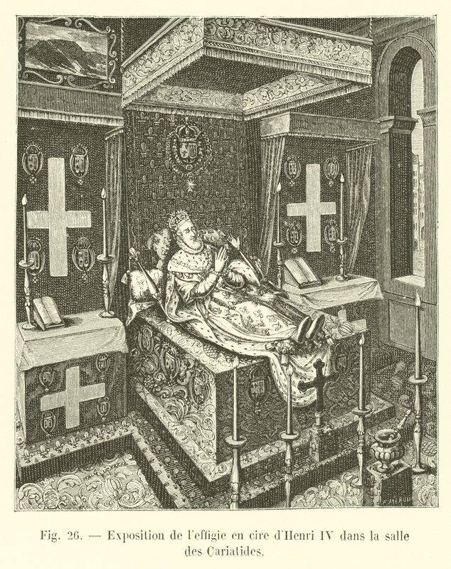 Exposição da efígie de cera de Henri IV na sala de Cariatides de French School