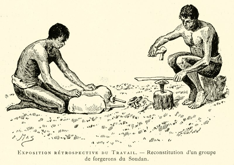 Exposição retrospectiva da Obra, reconstrução de um grupo de ferreiros do Sudão (gravura) de French School