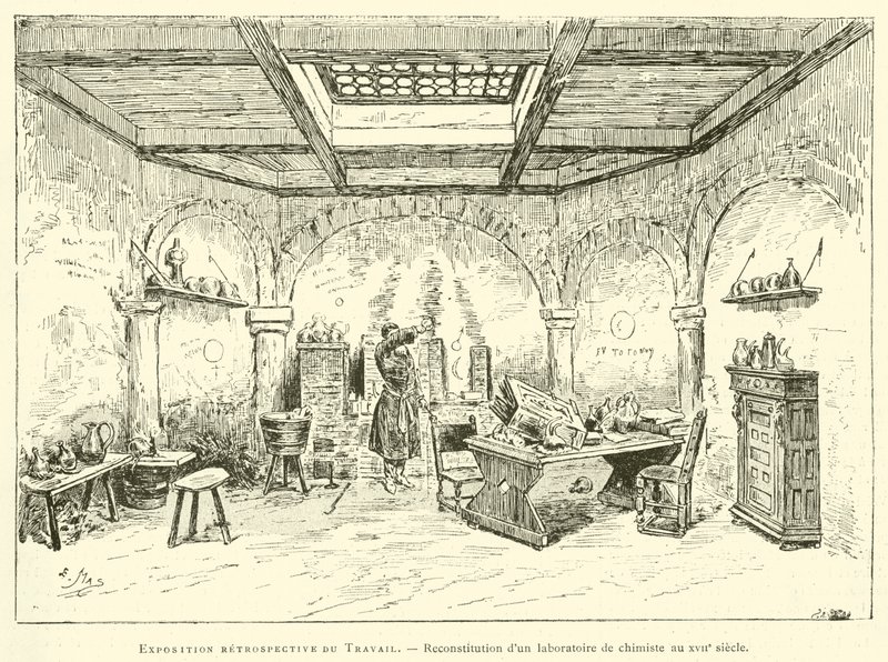 Exposição retrospectiva da Obra, reconstrução de um laboratório de química no século XVII (gravura) de French School