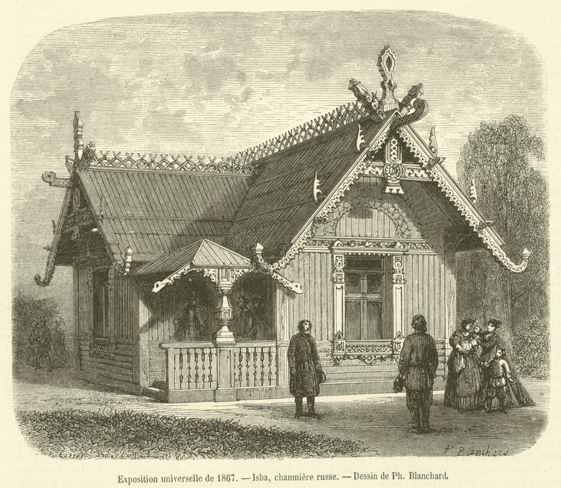 Feira Mundial 1867, Isba, cabana de colmo russo (gravura) de French School