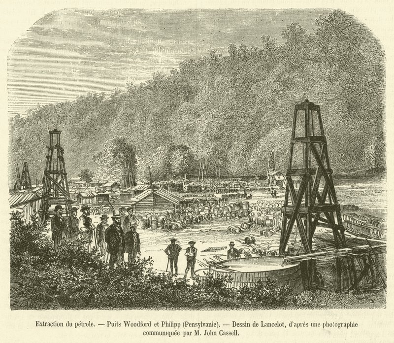 Extracção de petróleo, poços Woodford e Philipp, Pennsylvania (gravura) de French School