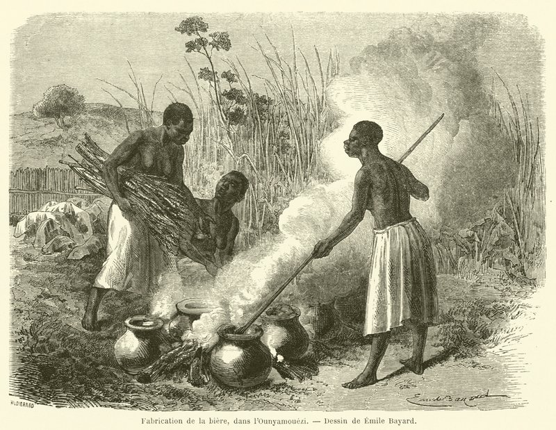 Fabricação de cerveja, no Ounyamouezi (gravura) de French School