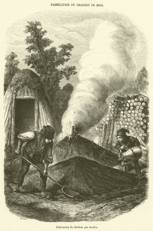 Produção de carvão por moagem (gravura) de French School
