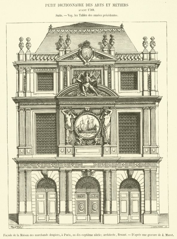 Fachada da Casa dos Comerciantes Drapery, em Paris, no século XVII (gravura) de French School