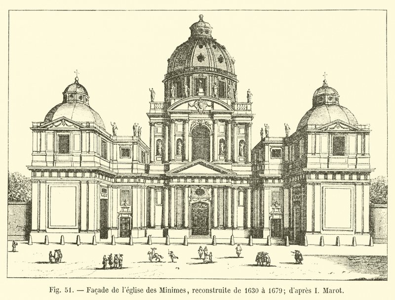 Fachada da Igreja Minimes, reconstruída de 1630 a 1679; dapres I Marot de French School