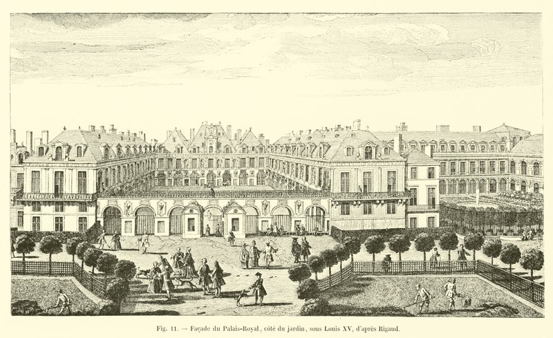 Fachada do Palais-Royal, lado do jardim, sob Louis XV, dapres Rigaud de French School