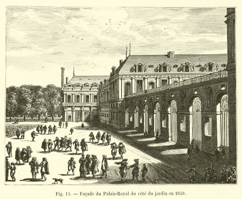 Fachada do Palais-Royal ao lado do jardim em 1650 de French School