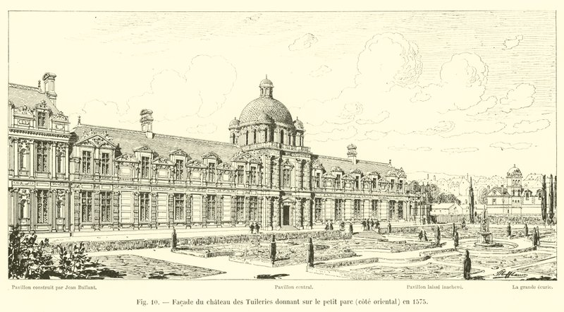 Fachada do castelo das Tulherias, com vista para o pequeno parque, costa leste, em 1575 de French School