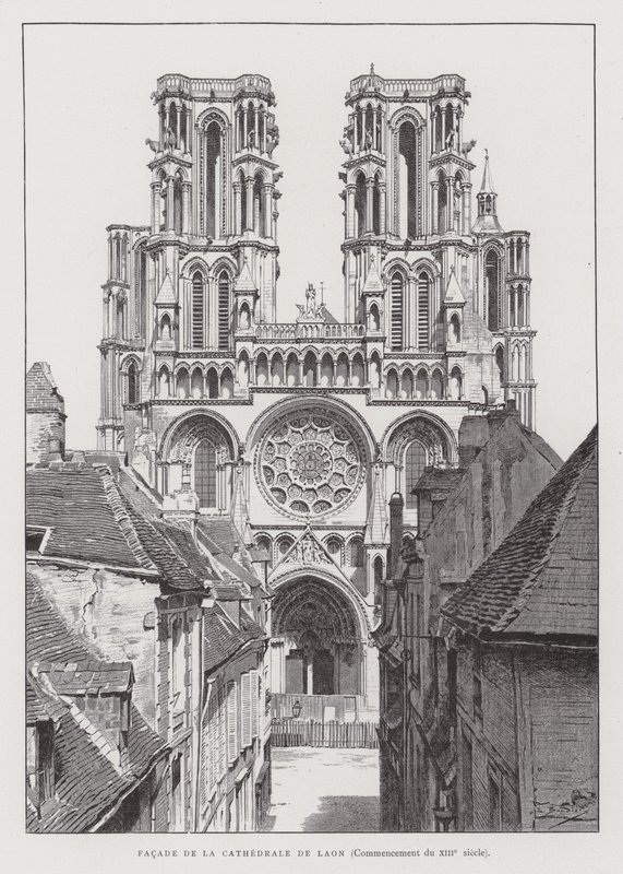 Fachada da Catedral de Laon, início do século XIII (litho) de French School