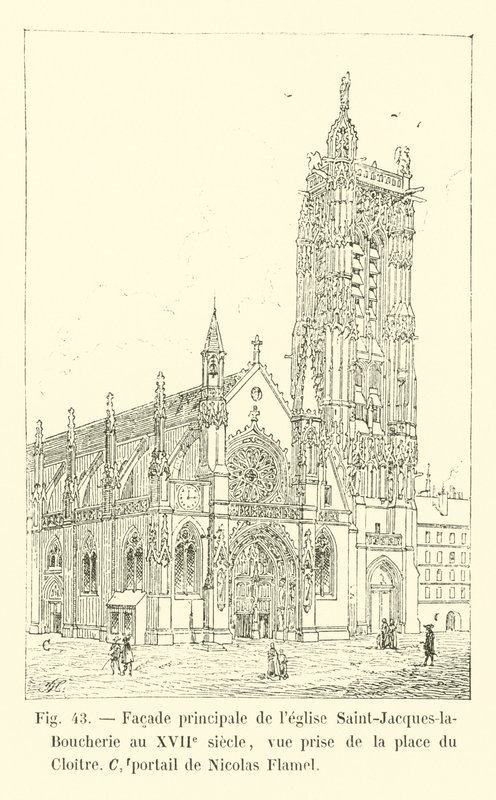Fachada principal da igreja de Saint-Jacques-la-Boucherie no século 17, vista tirada da praça Cloitre, portão de Nicolas Flamel de French School