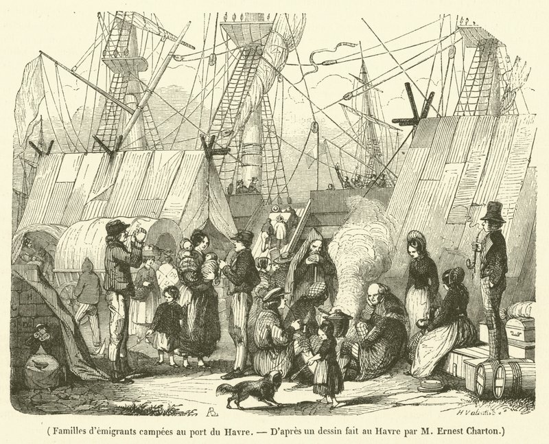 Famílias de emigrantes acampadas no porto do Havre (gravura) de French School
