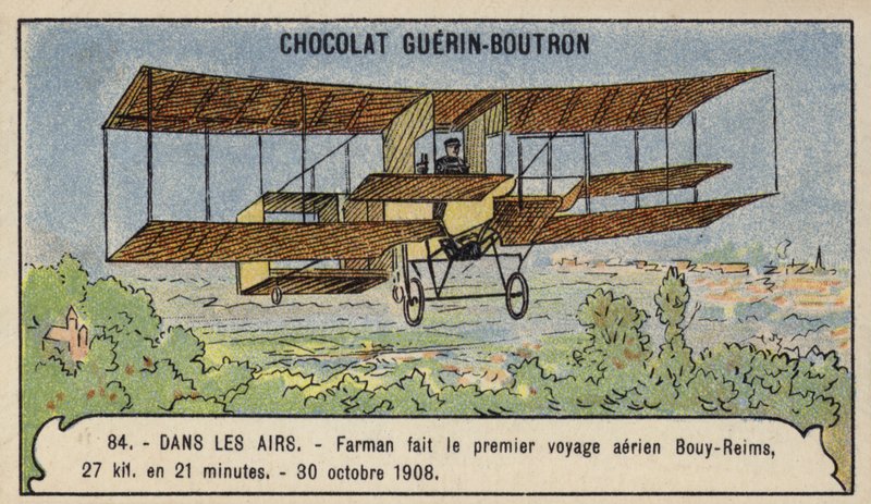 Farman fazendo o primeiro vôo de cross-country na Europa, de Bouy a Reims, França, 30 de outubro de 1908 (chromolitho) de French School