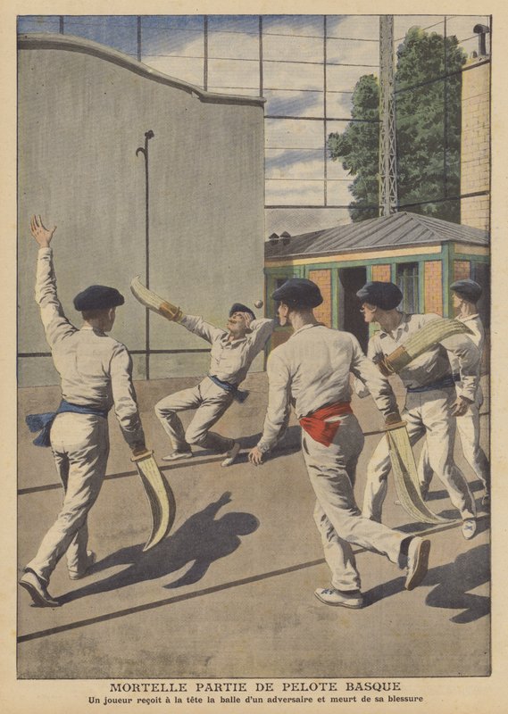 Acidente fatal durante um jogo de pelota basca (cor litho) de French School