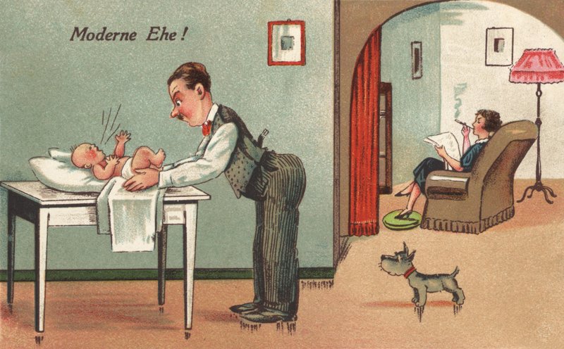 Pai trocando um bebê (cor litho) de French School