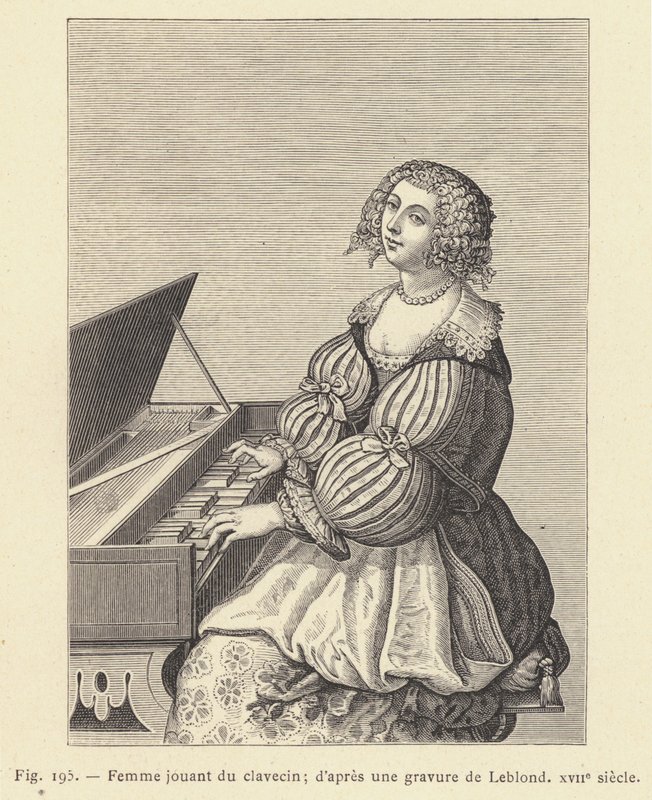 Mulher tocando o cravo, depois de uma gravura de Leblond, século 17 (gravura) de French School