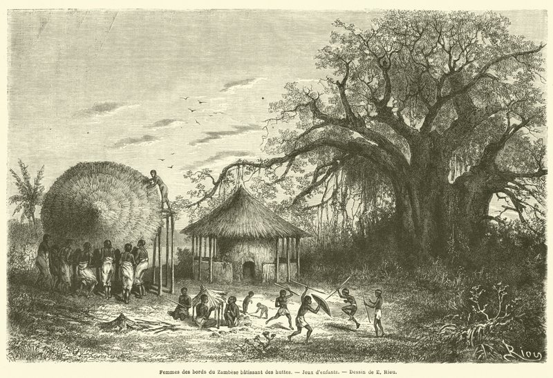 Mulheres das margens do rio Zambeze construindo cabanas, Jogos de crianças (gravura) de French School