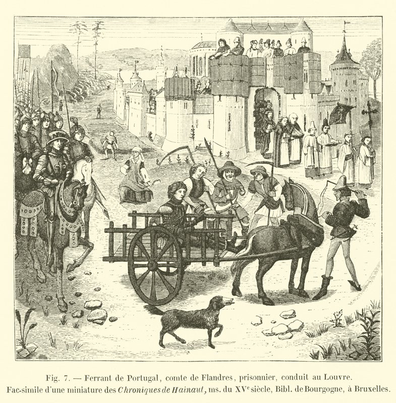 Ferrant de Portugal, Conde de Flandres, prisioneiro, leva ao Louvre, Fac-símile de uma miniatura Crônicas de Hainaut, ms do século XV, Bibl of Burgundy, tem Bruxelas de French School