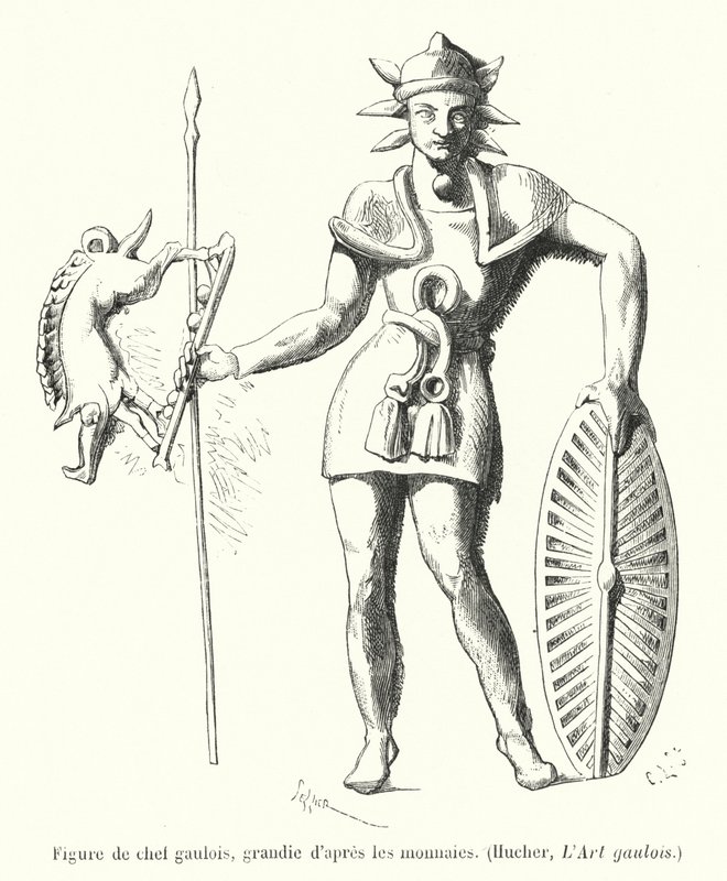 Figura de um chefe gaulês, ampliada a partir de moedas (gravura) de French School