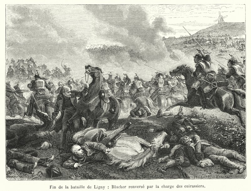 Fim da batalha de Ligny, Blucher derrubado pela carga dos cuirassiers (gravura) de French School