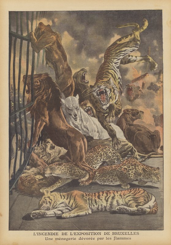 Incêndio na Exposição Internacional de Bruxelas de 1910 (cor litho) de French School