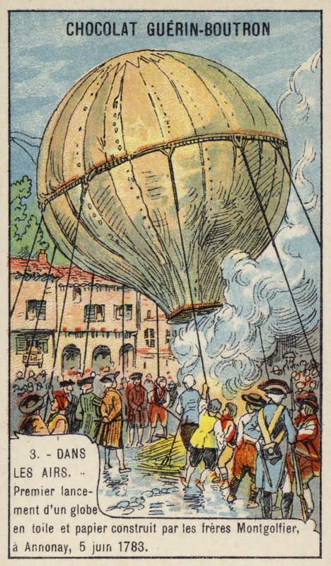 Primeiro lançamento de um balão de ar quente pelos Irmãos Montgolfier, Annonay, França, 5 de Junho de 1783 (chromolitho) de French School