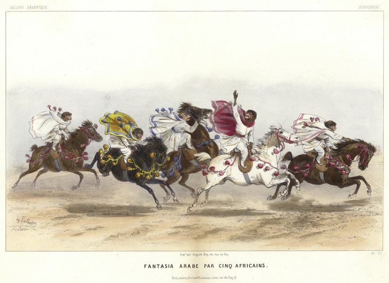 Cinco macacos fantasiados a cavalo de French School