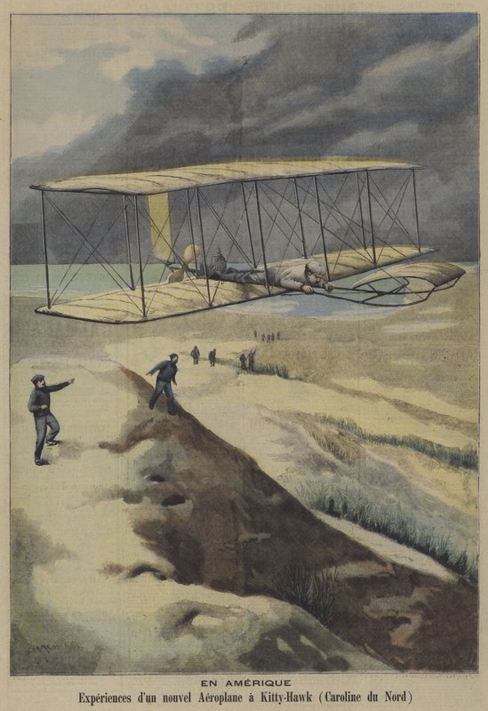 Voo do avião dos irmãos Wright em Kitty Hawk, Carolina do Norte (cor litho) de French School