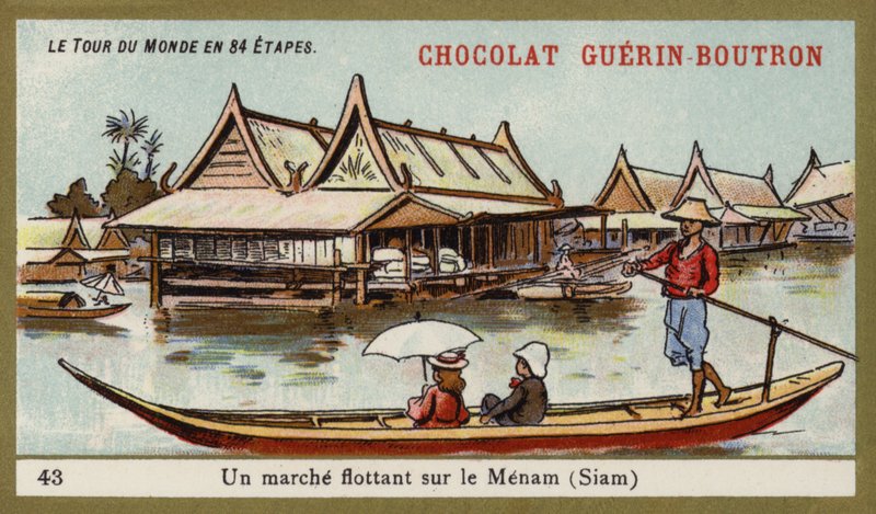 Mercado flutuante no rio Menam, Sião (chromolitho) de French School