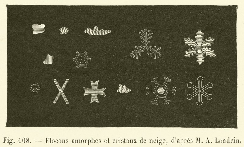 Flocos amorfos e cristais de neve (gravura) de French School