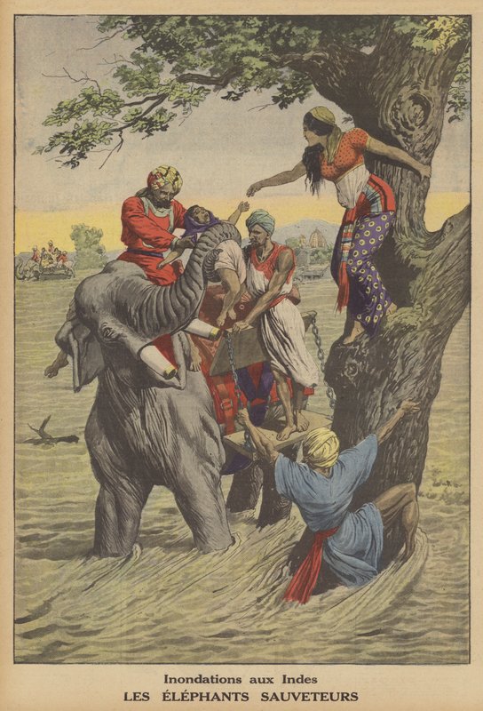 Inundações na Índia (cor litho) de French School