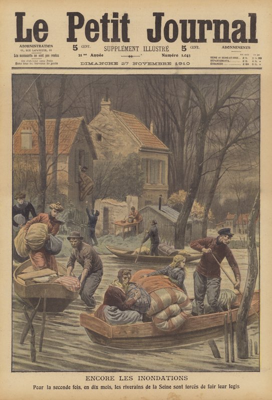 Inundações no rio Sena, França (cor litho) de French School