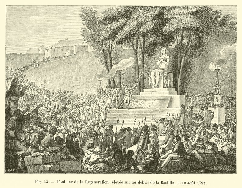 Fonte da Regeneração, erguida sobre os destroços da Bastilha, 10 de agosto de 1792 de French School