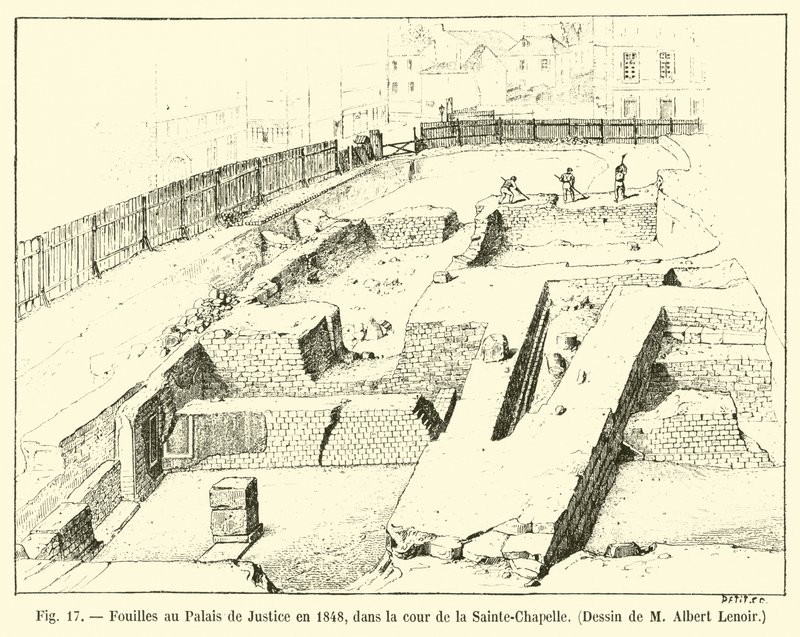 Escavações no Palácio da Justiça em 1848, no pátio da Sainte-Chapelle, desenhando por Albert Lenoir de French School